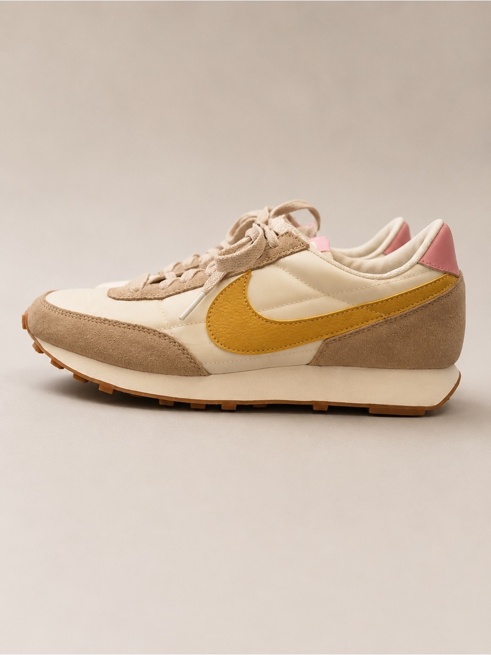 Nike Women's Beige and Mustard Yellow Retro Runner Sneaker with Pink Heel